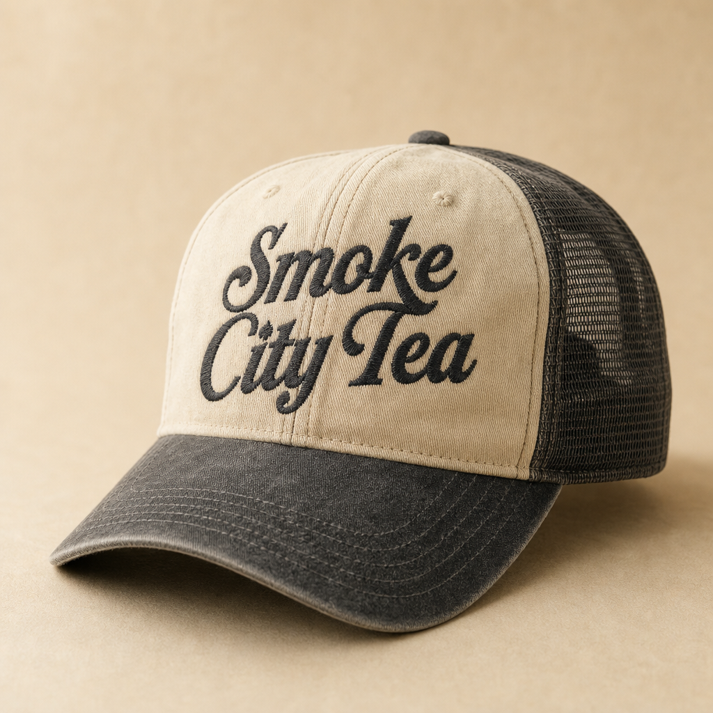 Smoke City Tea sunwashed trucker cap