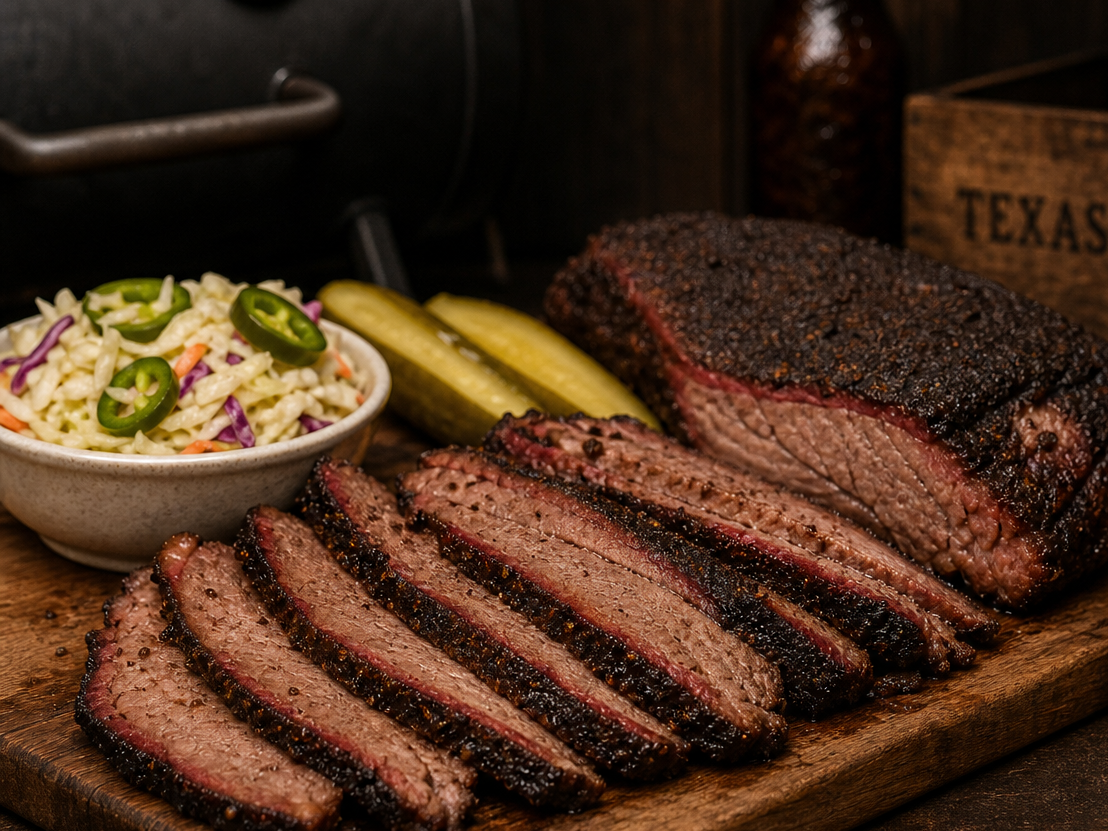 Sliced brisket with jalapeño tea slaw